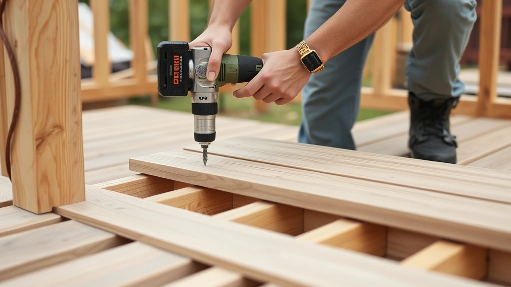Worker fastening composite decking boards to pressure-treated joists using impact driver, demonstrating proper spacing and fastener placement, outdoor construction setting