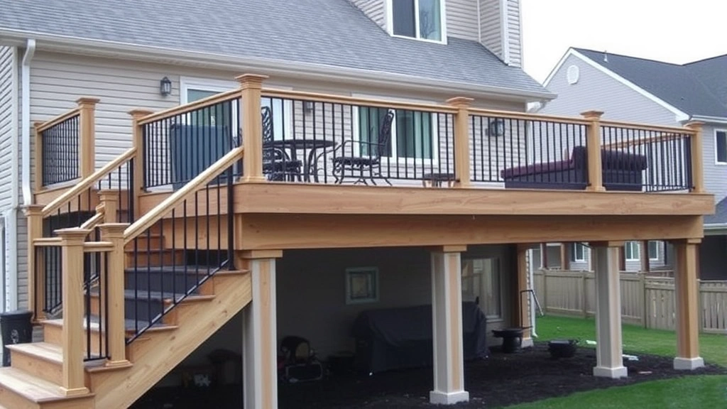 Completed multi-level residential deck with railing system, integrated seating, and natural wood finish, showing professional craftsmanship and design elements