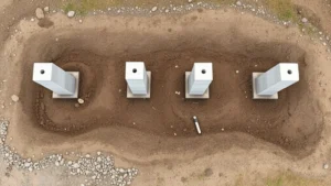 Overhead view of concrete pier foundation posts set in ground for shed construction, properly spaced with level surface