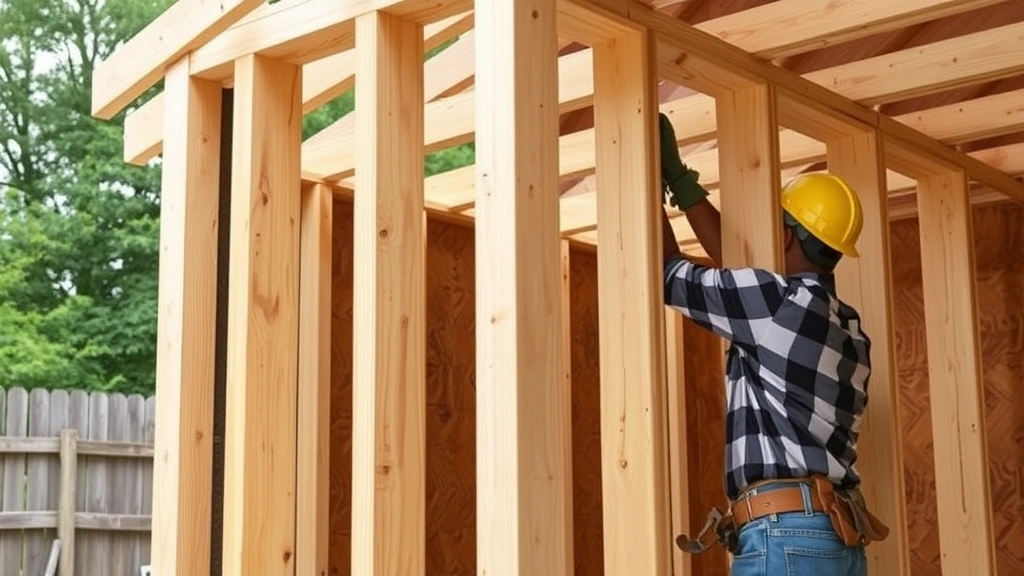 Worker installing wall framing for shed, showing 2x4 studs being raised and braced, square and plumb positioning