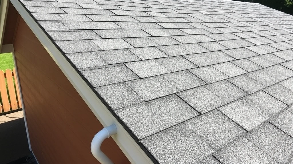 Completed shed roof installation showing asphalt shingles, proper flashing around edges, and gutter system attachment