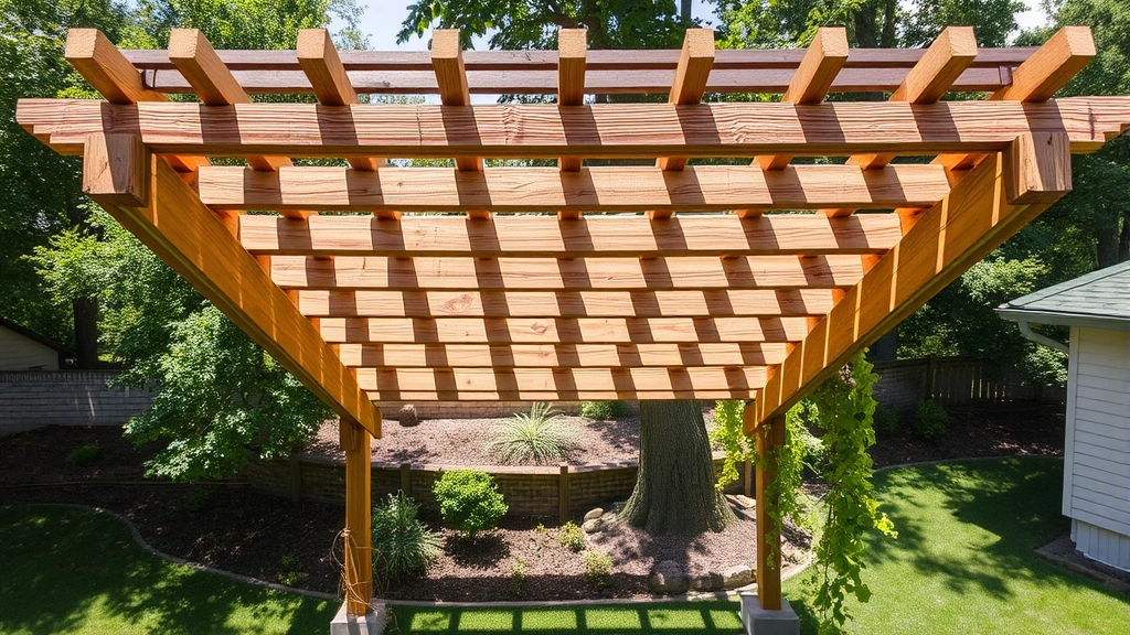 Overhead view of completed wooden pergola structure with lattice roof beams in a residential backyard, dappled sunlight filtering through, climbing vines visible, concrete foundation visible at base of posts