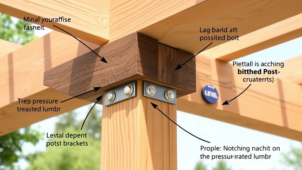Close-up detail of pergola post-to-beam connection showing lag bolt fasteners, metal brackets, and proper notching technique on pressure-treated lumber with level tool nearby