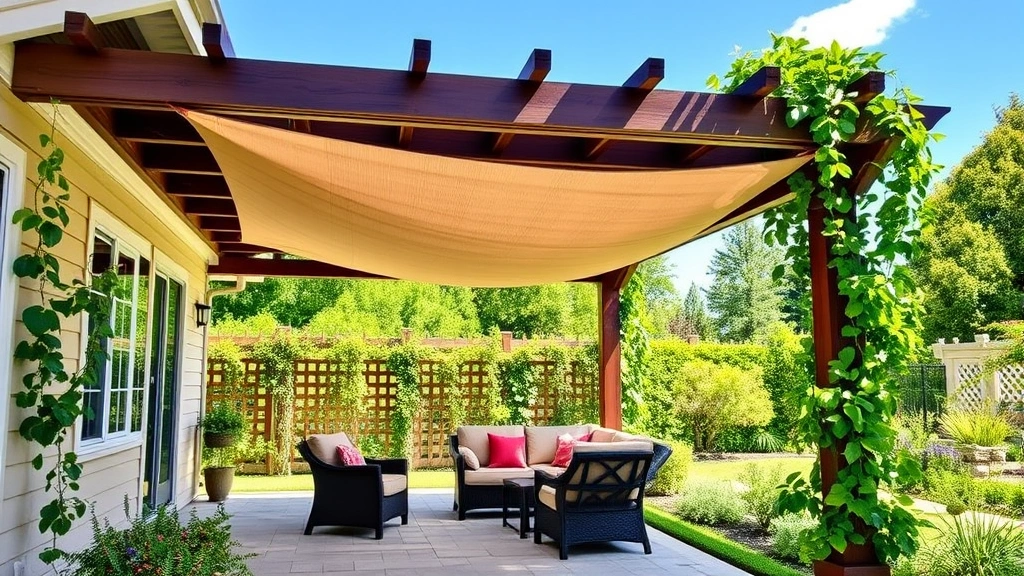 Wide-angle shot of finished pergola attached to house with shade cloth deployed, comfortable seating area underneath, lush climbing plants on lattice, garden in background
