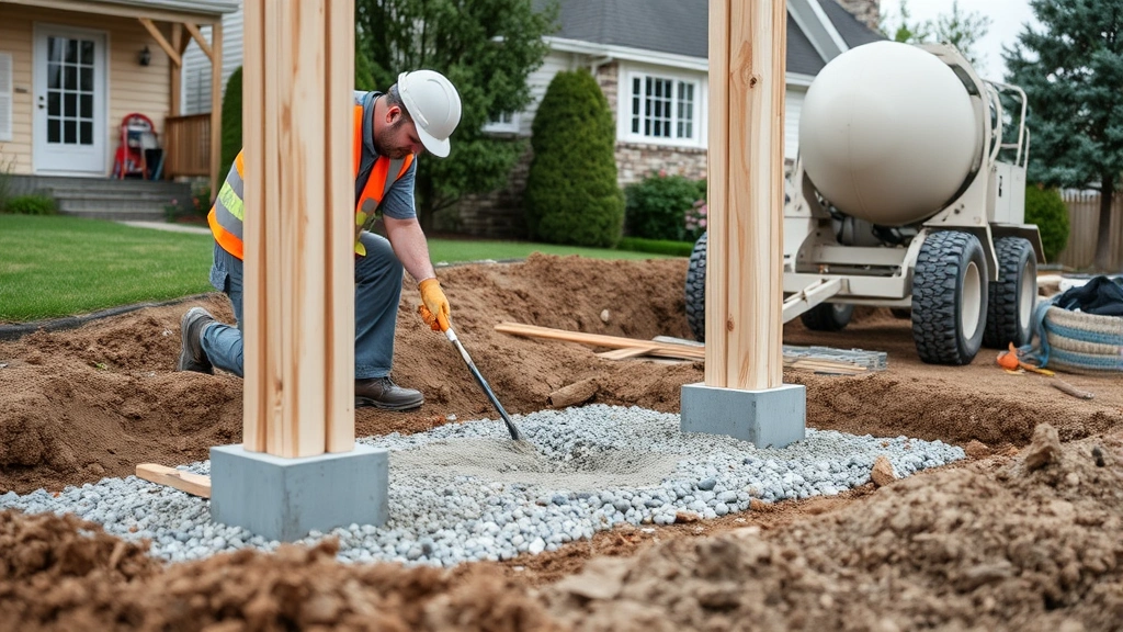 Professional construction worker installing concrete footings for deck posts in excavated holes with gravel base and concrete mixer visible on residential property