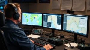 Professional dispatcher at desk monitoring multiple computer screens displaying GPS fleet tracking maps and dispatch software interface with communication equipment visible