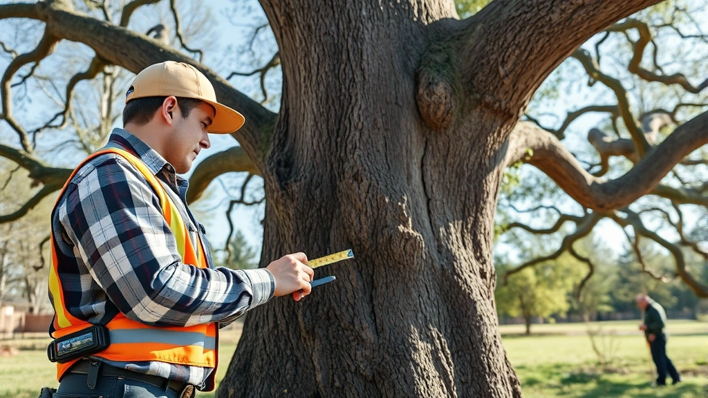 Professional arborist examining large oak tree trunk with measuring tools, checking branch thickness and tree health in bright daylight, no people visible except distant inspector