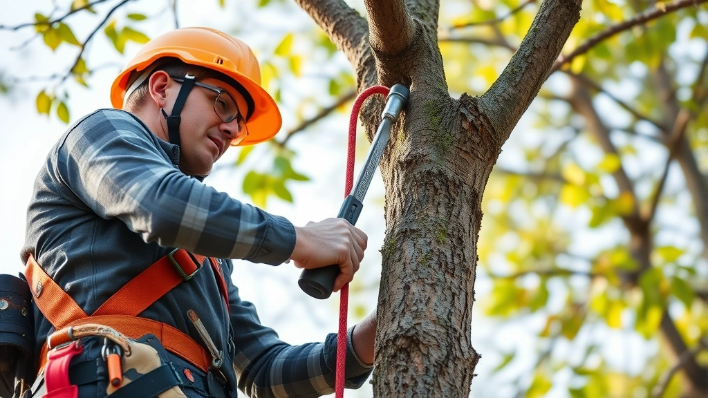 Construction worker in safety harness installing galvanized bolts into tree branch, showing proper fastener installation technique with wrench and hardware, elevated work with safety equipment