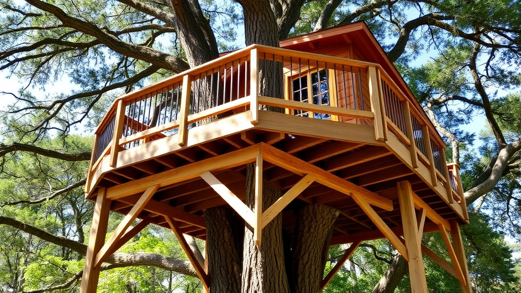 Completed treehouse platform with pressure-treated decking, sturdy railings, and cross-bracing visible underneath, natural wood construction in mature trees, daytime photography