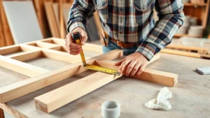 A carpenter measuring and marking wooden studs on a work surface, holding a tape measure and pencil, demonstrating layout for shed framing with organized materials in background