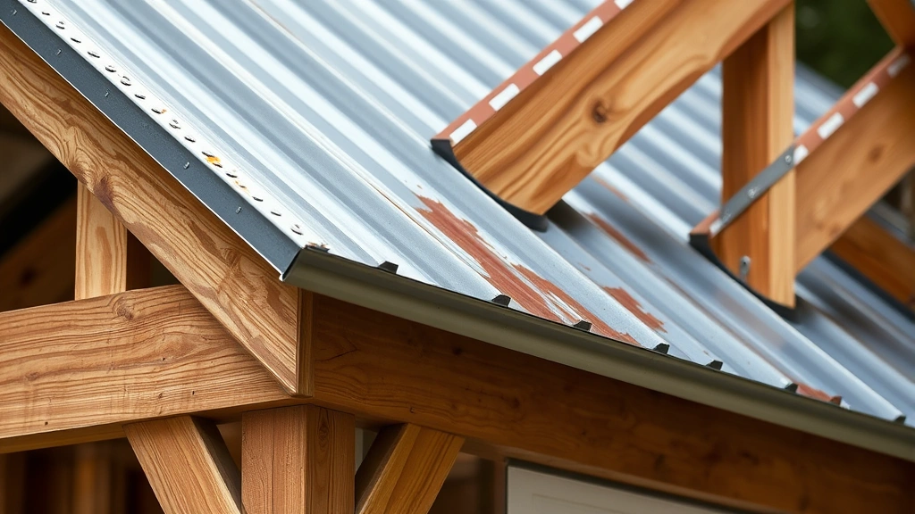 Close-up of metal roofing material being installed on shed rafters with fasteners and flashing visible, showing proper overlap and weatherproofing technique