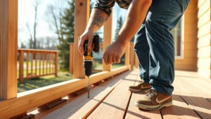 Professional carpenter installing composite decking boards on residential deck framing, using power drill with visible joist hangers and proper spacing between boards in sunlight
