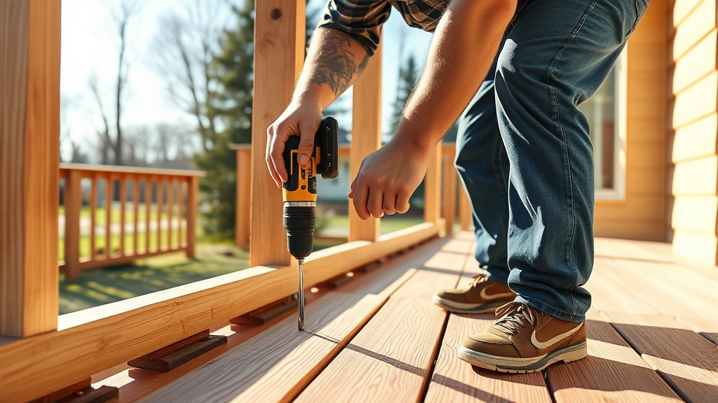 Professional carpenter installing composite decking boards on residential deck framing, using power drill with visible joist hangers and proper spacing between boards in sunlight