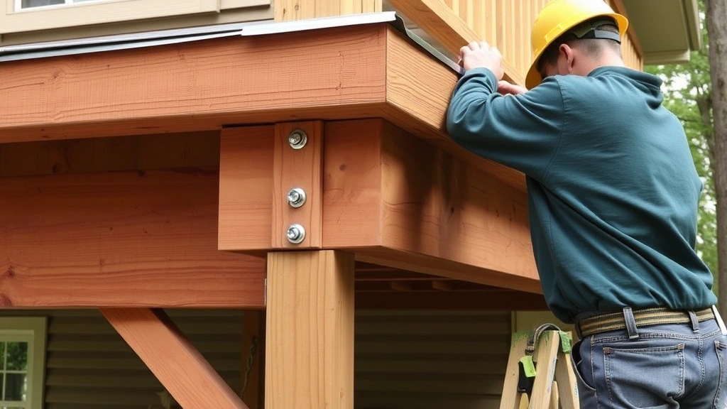Worker installing pressure-treated ledger board with galvanized bolts through house rim joist, flashing visible above, proper connection between deck and home structure