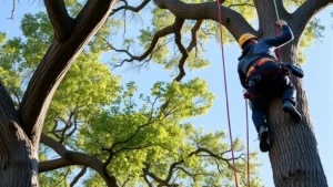 Professional arborist in safety harness climbing tall oak tree with rope and pulley system, blue sky visible, demonstrating proper climbing technique and equipment