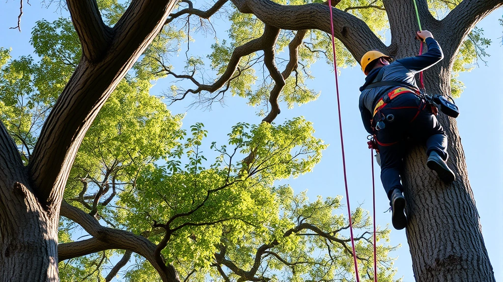 Professional arborist in safety harness climbing tall oak tree with rope and pulley system, blue sky visible, demonstrating proper climbing technique and equipment