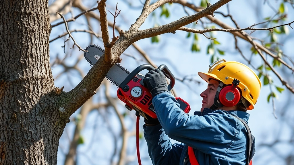 Certified arborist using chainsaw to prune tree branch at height while wearing protective helmet and gear, showing proper cutting form and safety equipment