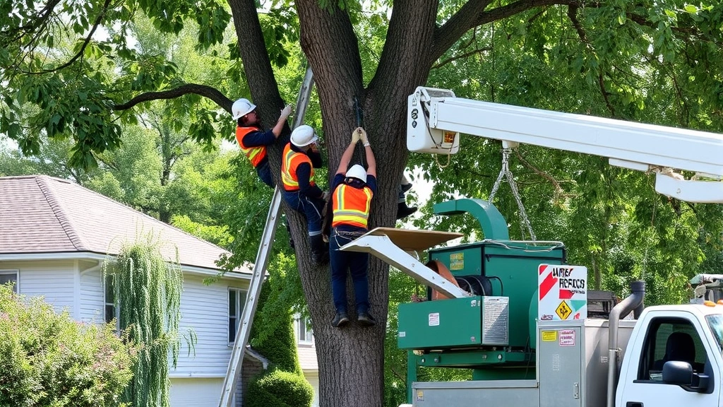 Arborist team performing tree removal in residential area with bucket truck, chippers, and safety barriers, showing professional equipment and coordination