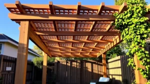 Completed wooden pergola with lattice roof structure installed in residential backyard, afternoon sunlight creating shadow patterns on ground below, climbing vines partially covering one side, comfortable seating area visible underneath