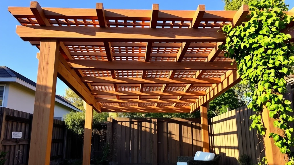 Completed wooden pergola with lattice roof structure installed in residential backyard, afternoon sunlight creating shadow patterns on ground below, climbing vines partially covering one side, comfortable seating area visible underneath