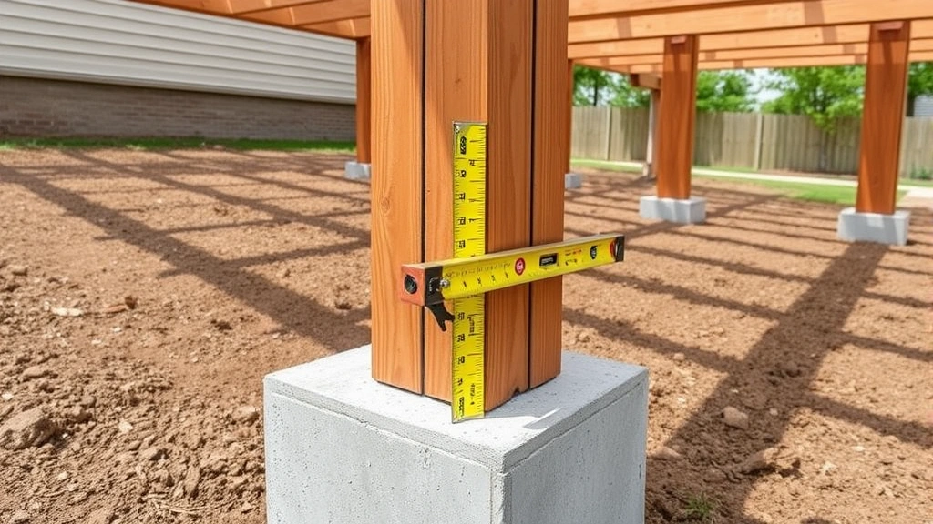 Close-up of pergola post installation showing concrete footing, vertical 4x4 post with through-bolts connecting to primary beam, level positioned against post confirming plumb alignment, professional construction detail
