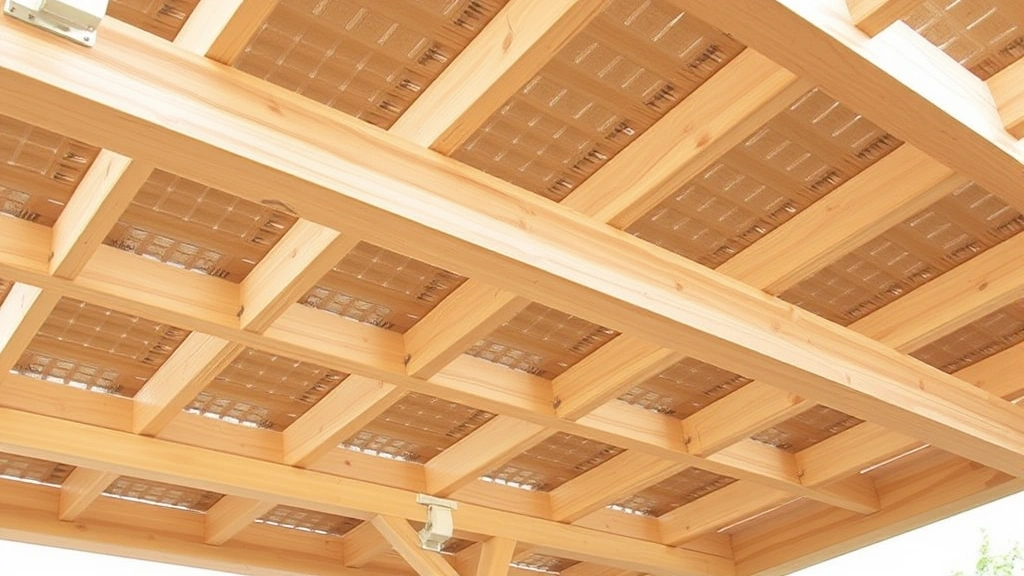 Pergola roof framing detail showing secondary beams attached with joist hangers to primary beam, decorative slats arranged in grid pattern, wood joinery connections visible, natural wood finish with light stain color