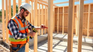 Professional construction worker measuring and marking wooden studs for wall framing on a sunny worksite with concrete foundation pad visible