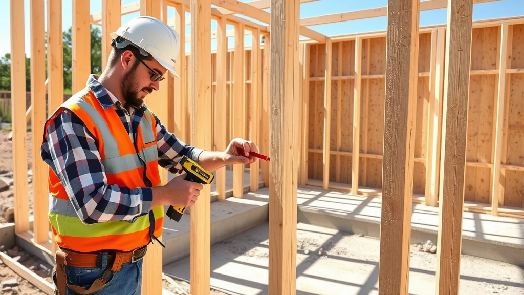 Professional construction worker measuring and marking wooden studs for wall framing on a sunny worksite with concrete foundation pad visible