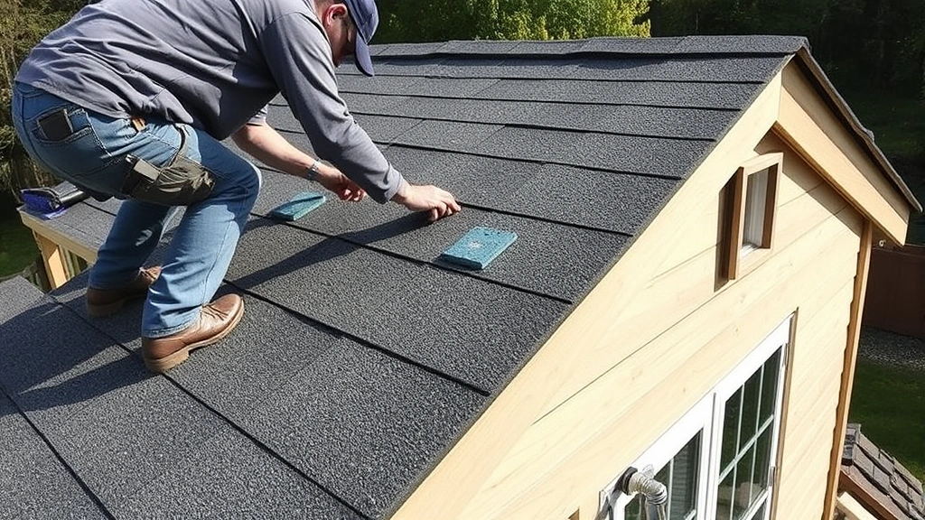 Roofer installing asphalt shingles on completed shed roof structure with proper ventilation and flashing details visible from ground angle