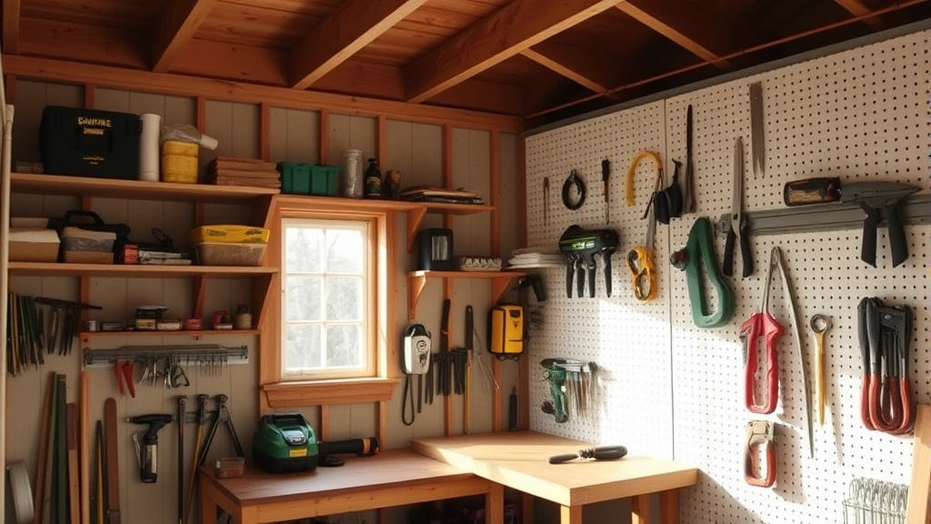 Interior organized shed workspace showing wall-mounted shelving systems, workbench with hand tools, and pegboard storage system with natural light from windows
