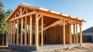 Wooden shed under construction showing exposed frame, trusses, and wall studs, with concrete foundation piers visible, sunny construction site with tools scattered nearby, photorealistic professional quality