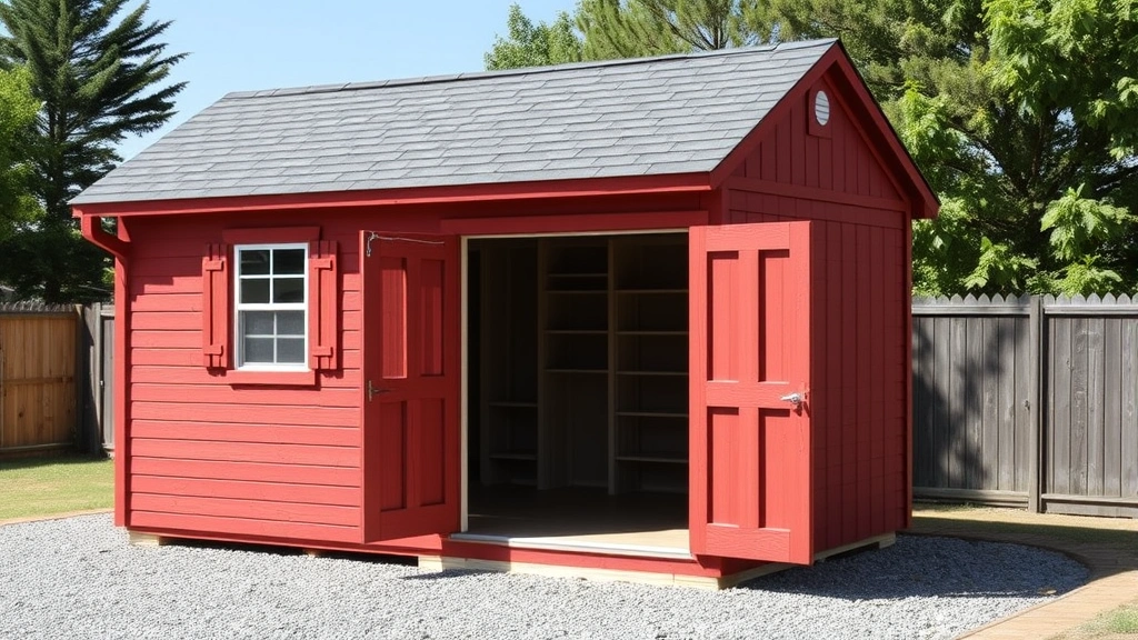 Completed residential shed with asphalt shingle roof, wooden siding painted red, open door showing interior storage shelving, gravel foundation area, clear weather, professional photography style