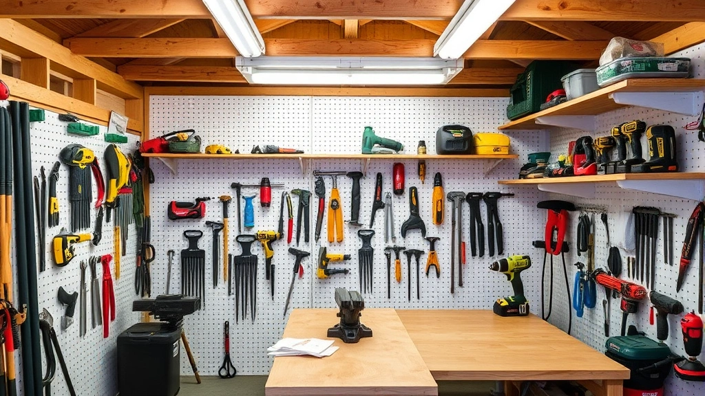 Interior workshop shed with pegboard wall organization, workbench with vise, overhead storage racks, fluorescent lighting, organized hand tools and power tools displayed, clean organized space, bright lighting