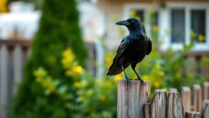 A crow perched on a wooden fence in a residential backyard, alert and observing, with soft morning light and green foliage in background, photorealistic wildlife photography
