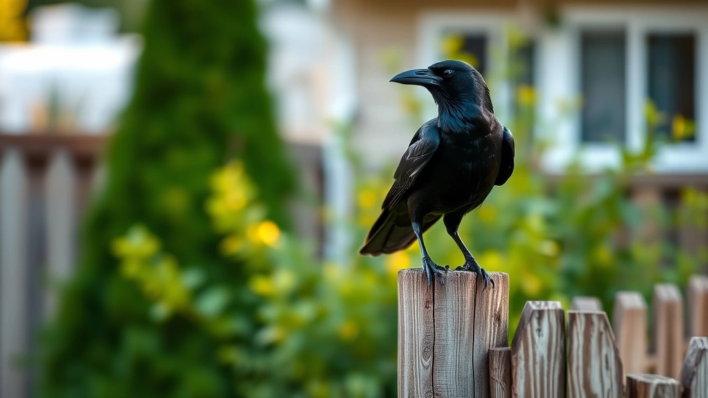 A crow perched on a wooden fence in a residential backyard, alert and observing, with soft morning light and green foliage in background, photorealistic wildlife photography