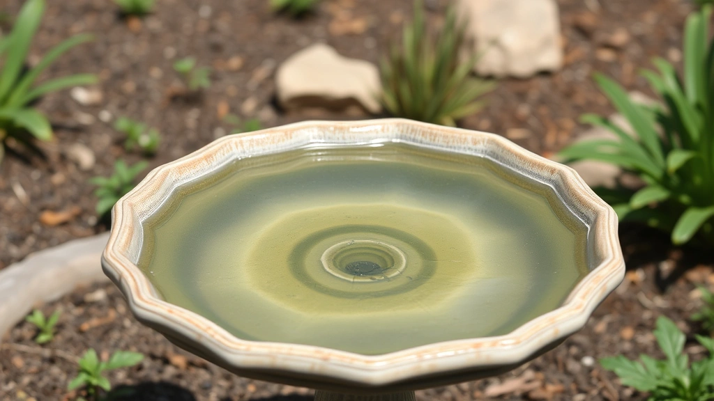 A shallow ceramic bird bath filled with fresh water in a garden setting, surrounded by natural landscaping, inviting and clean, daytime outdoor scene