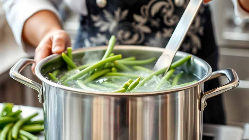 Professional chef blanching fresh green beans in large stainless steel pot with rolling boiling water, steam rising, kitchen background blurred