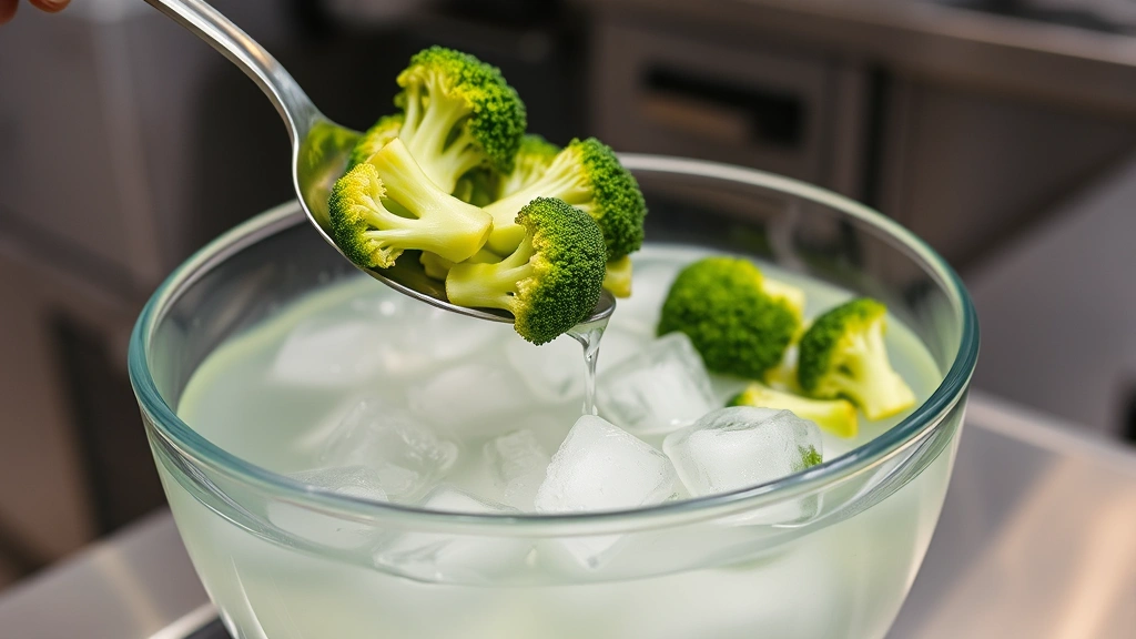 Slotted spoon transferring blanched broccoli florets from boiling water into large bowl of ice water, ice cubes visible, professional kitchen setting