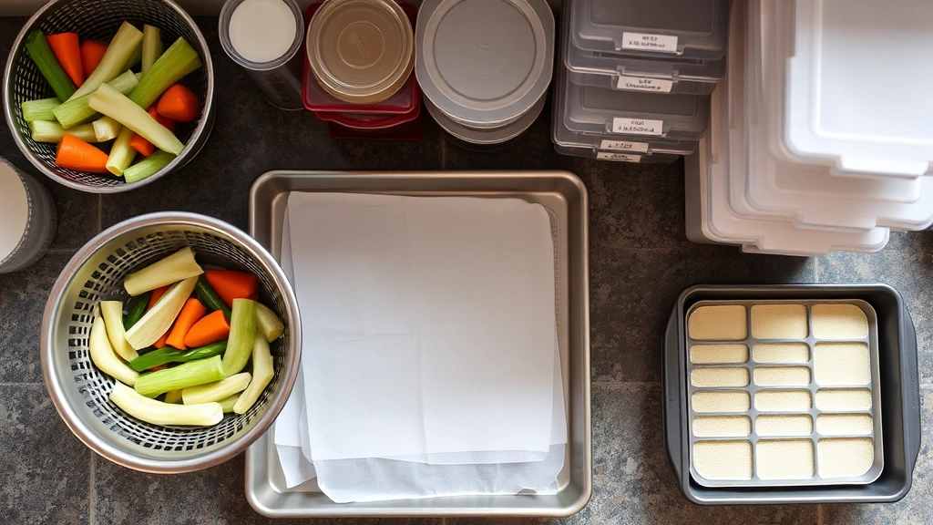 Organized workspace showing colander with drained blanched vegetables, sheet pan for tray freezing, freezer containers labeled and stacked, overhead view