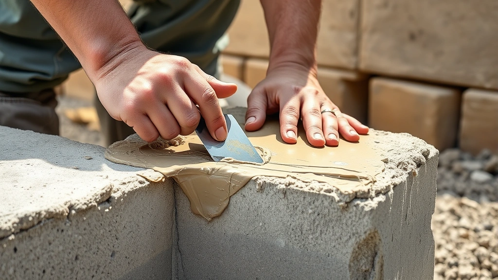 Professional mason spreading mortar on footing with trowel, hands close-up showing proper technique, concrete footing visible, bright natural lighting