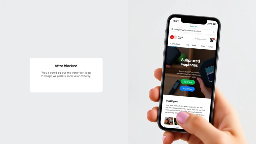 Split-screen comparison showing blocked website error message on left side and approved website loading on right side of smartphone display, clean modern interface design, professional appearance