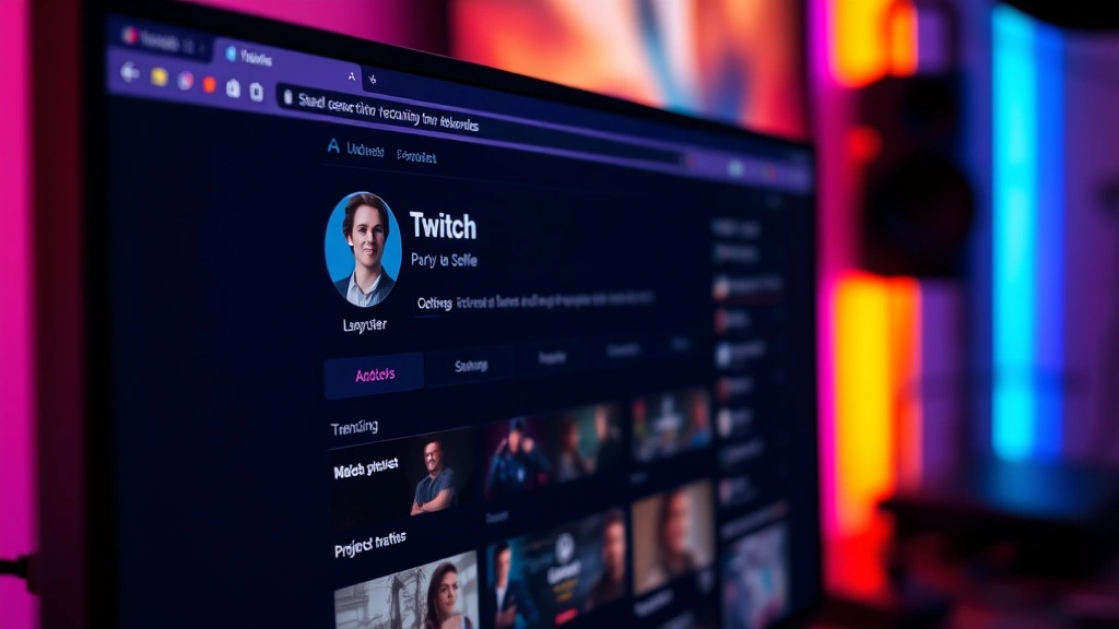 Close-up of a computer monitor displaying the Twitch interface with a user profile page open, showing the three-dot menu option highlighted in the upper right corner, professional streaming setup background with RGB lighting