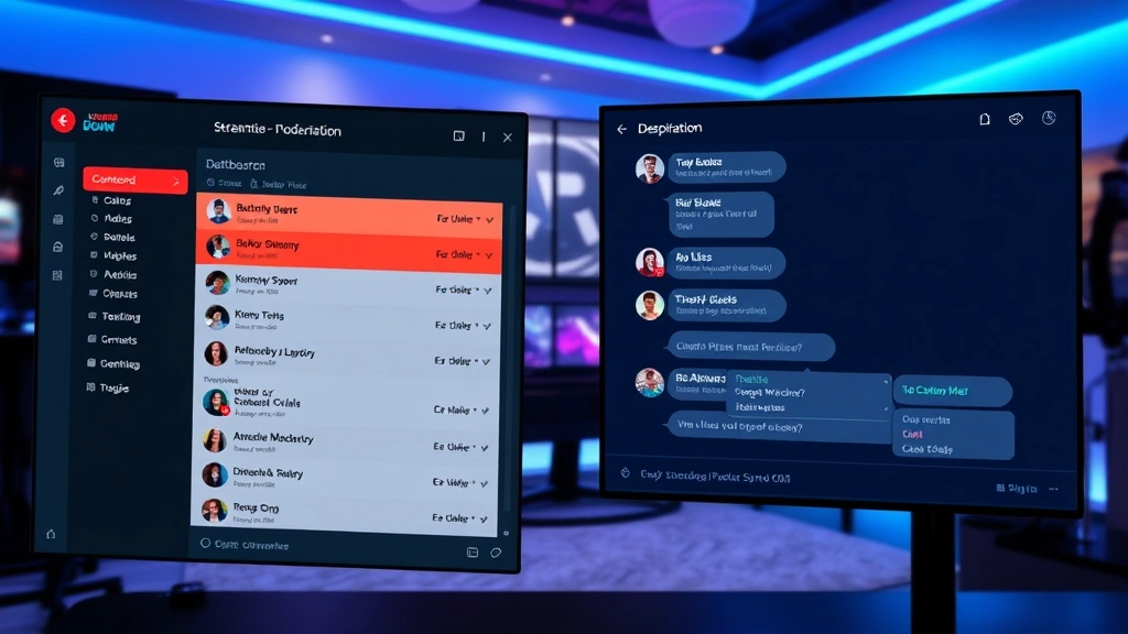 Split-screen showing a streamer's dashboard moderation panel on the left with banned users list visible, and a chat interface on the right with a context menu appearing over a username, modern gaming room setting