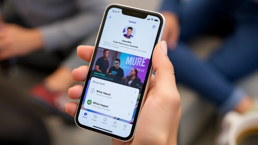 Mobile phone screen displaying the Twitch mobile app with a user's profile visible and a popup menu showing block and report options, hand holding phone in casual streaming environment
