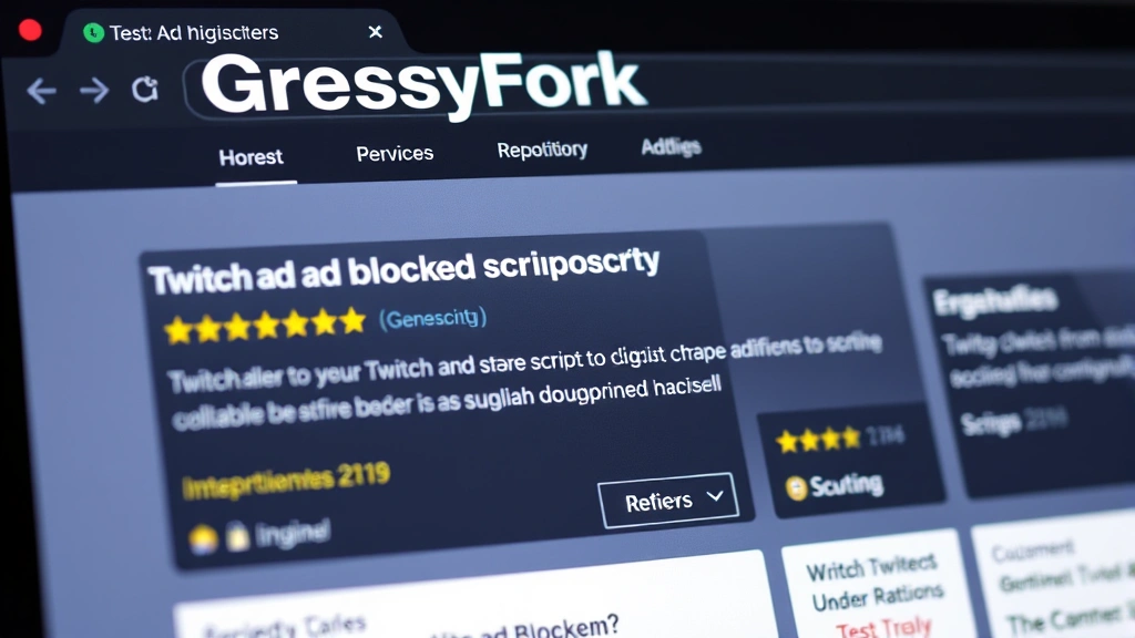 Close-up of GreasyFork website repository page displaying Twitch ad-blocking scripts with ratings and installation counts visible, showing script cards with stars and user reviews, web browser interface