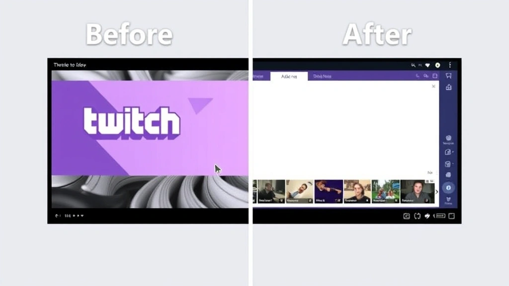 Split-screen comparison showing Twitch video player before and after ad-blocking script installation, one side with ad overlay banner, other side with clean player interface, realistic streaming platform UI elements