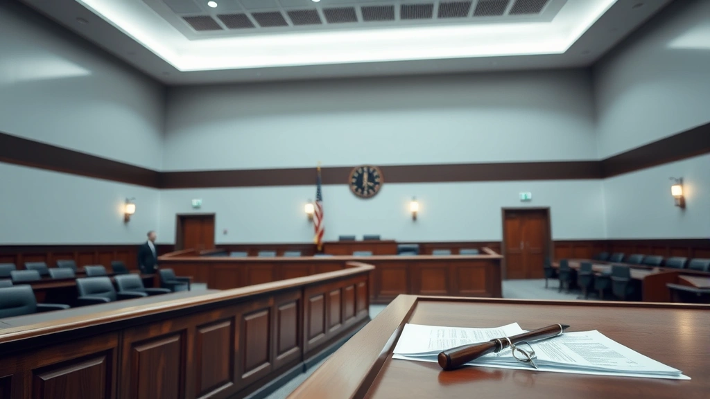 Interior of modern courthouse with wooden judge's bench, legal documents on desk, neutral lighting, no people visible, professional legal setting