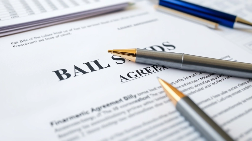 Close-up of bail bond agreement paperwork with pen on desk, financial documents organized, clear focus on text areas, professional office environment
