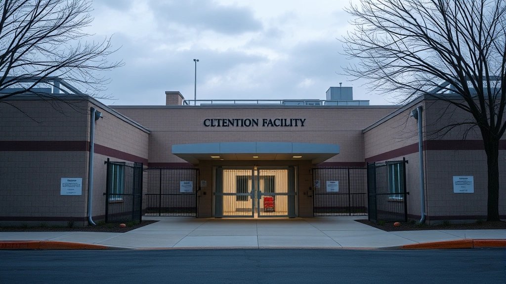Detention facility exterior showing secure entrance, institutional architecture, daytime lighting, no identifying details, generic correctional facility appearance