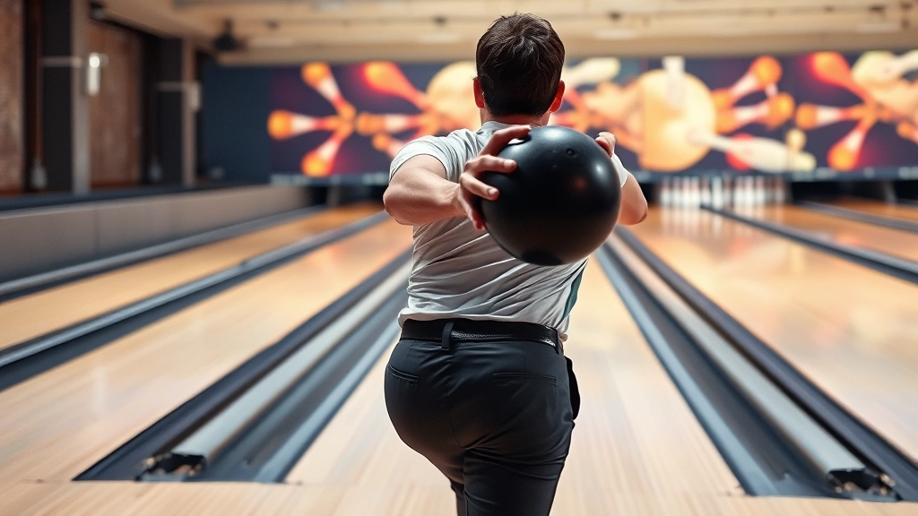 Professional bowler in mid-delivery, arm extended forward, releasing black reactive resin ball, lane stretching ahead with oil patterns visible, pins at far end, athletic stance captured mid-motion